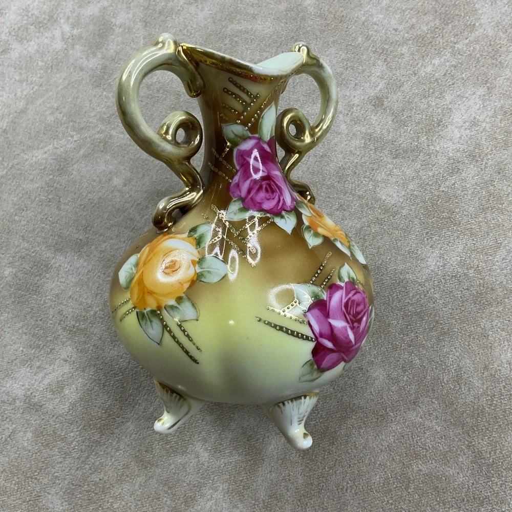 Antique Nippon Hand‎ Painted Bone China Beaded Gold Trim Two Handle Vase